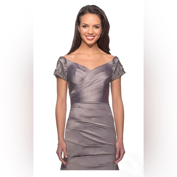 La Femme Off the Shoulder Beaded Satin Trumpet Gown - Picture 3 of 7